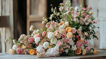 Stunning floral arrangement with various roses and blossoms in soft colors, creating vibrant and cheerful display on wooden table