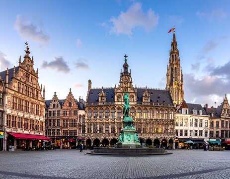 A wide shot of a European town square at dusk, featuring historic buildings, a central fountain with a statue, and a tall tower in the background - Powered by Adobe