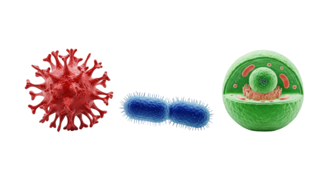 Hyper-realistic 3D rendered red spiky virus, blue rod bacteria, and green eukaryotic cell models, isolated on a transparent shadowless background, precise scientific collection concept