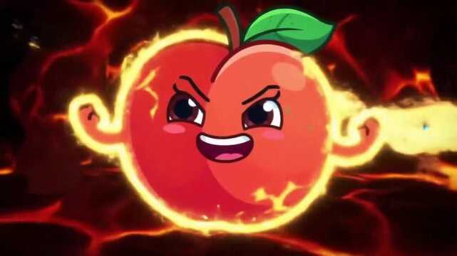 Cartoon apple character in fire