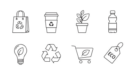 Hand drawn eco friendly icons set representing sustainability and green living choices vector