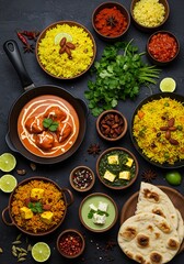 Traditional Indian Cuisine Flat Lay with Butter Chicken, Paneer Curry, Basmati Rice, Naan Bread, Fresh Salad, and Spices on Dark Background