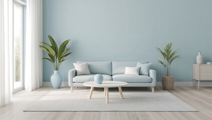 A bright and airy modern living room with a light blue sofa, potted plants, and natural light from a large window.