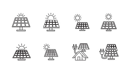 Set of outline solar panel icons showing energy generation and eco-friendly power solutions vector