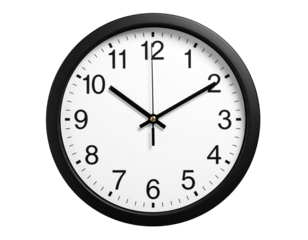 Black Wall Clock Side Angle with White Face and Subtle Shadow Isolated on Transparent Background