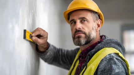Construction worker uses a spirit level to check wall alignment on a building site