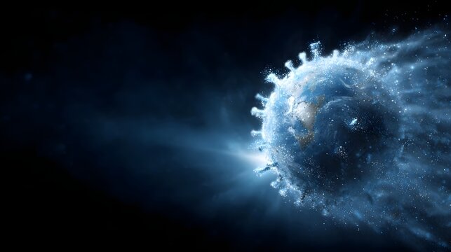 The Earth globe morphing into a virus particle emitting blue light and particles symbolizing global pandemic spread
