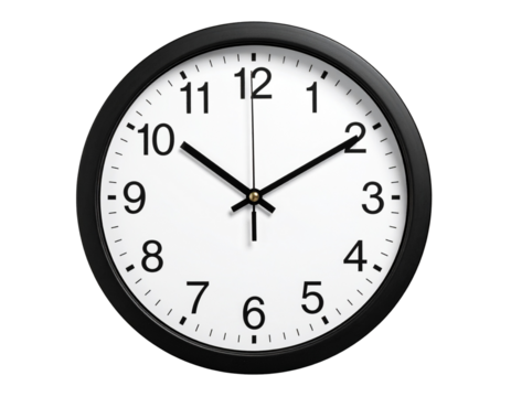 Black Wall Clock Side Angle with White Face and Subtle Shadow Isolated on Transparent Background