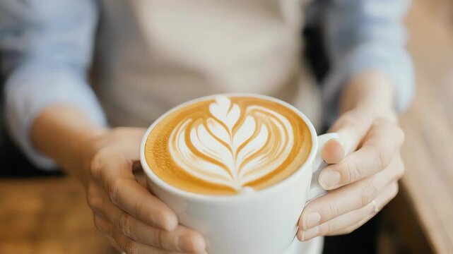 カフェで働く日本人女性、ラテを提供するリアルポートレート