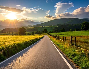 Naklejka premium Country road at sunset