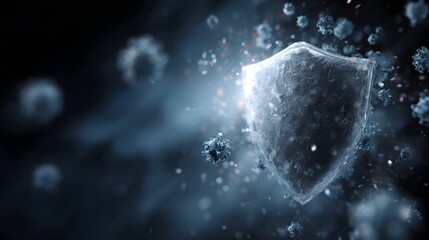 A glowing translucent shield deflects microscopic virus particles in a dark abstract digital environment symbolizing health protection and medical