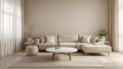 A bright and airy modern living room with a beige sectional sofa, marble coffee table, and minimalist decor in a neutral color palette.