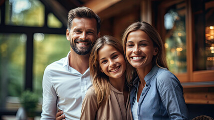 Happy family smiling together in cozy home setting, love and connection. warm highlights their joyful s and strong bond