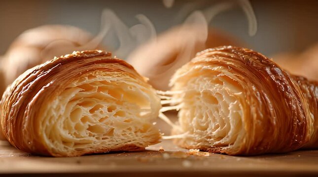 A delectable, warm croissant, expertly torn open to display its intricate, airy texture and enticing golden-brown crust