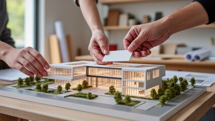 Two architects adding details to an illuminated building model. Professionals collaborating on a miniature property with trees and landscaping.