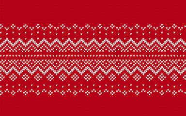 Red Christmas ornament. Fair isle traditional holiday seamless background. Xmas print border. Red knitted geometrical pattern. Festive sweater. Vector illustration.