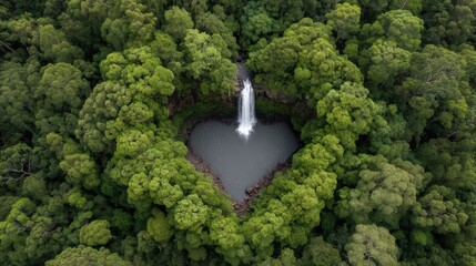 Heart-Shaped Waterfall Surrounded by Lush Green Forest in a Tropical Paradise Setting Captured Aerially with Serenity and Natural Beauty
