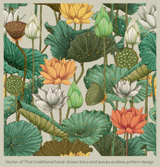 Thai Colorful Lotus Seamless Pattern