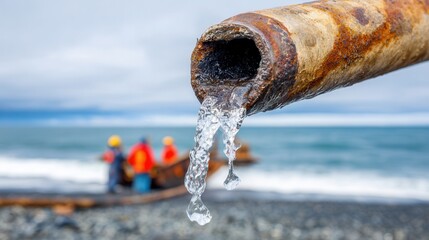 Rusty pipe with ice formation on beach creating unique landscape scene