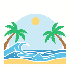 Tropical beach scene with palm trees, waves, and sun illustration.