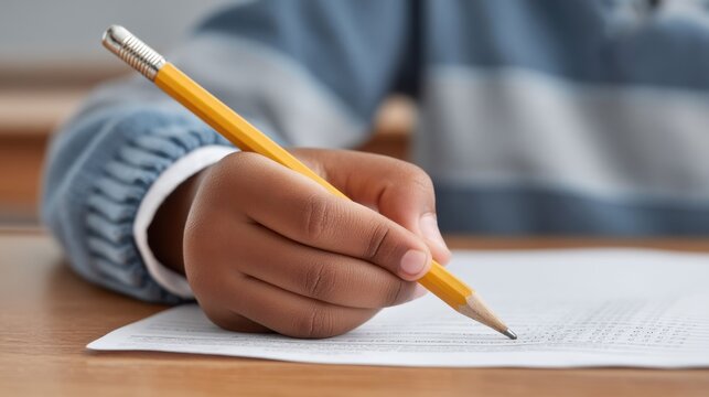 Close-up of a child's hand holding a yellow pencil poised above a blank sheet of paper on a wooden desk in a classroom environment