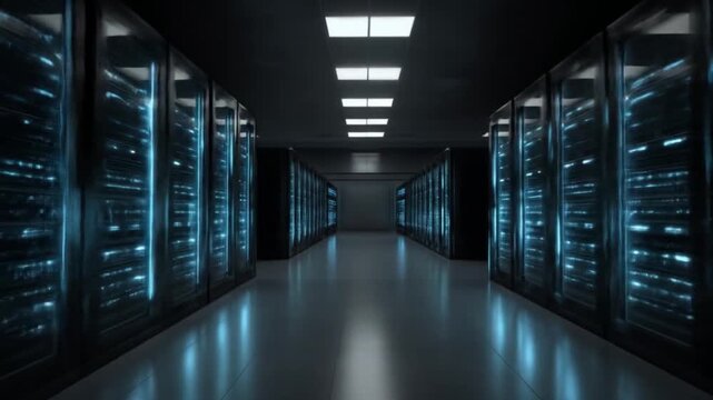 Modern data center server racks arrayed in a corridor with blue lights