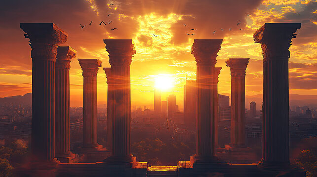 Majestic pillars stand against vibrant sunset, illuminating skyline. scene evokes sense of wonder and timeless beauty, with birds soaring in golden sky - Powered by Adobe