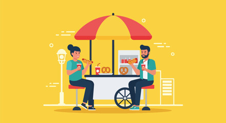Adobe illustrator artwork vector illustration: Happy couple enjoys hot dogs and pretzels at a street food stand in the city, perfect for urban lifestyle and casual dining themes