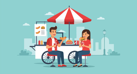 Adobe illustrator artwork vector illustration: Happy couple enjoys hot dogs and pretzels at a street food stand in the city, perfect for urban lifestyle and casual dining themes