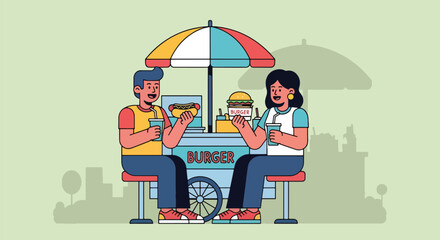 Adobe illustrator artwork vector illustration: Happy couple enjoys hot dogs and pretzels at a street food stand in the city, perfect for urban lifestyle and casual dining themes