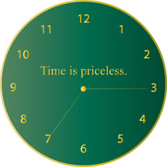 Time Is Priceless &ndash; Brass Gradient Typography with Elegant Clock Illustration on Green Foliage Gradient Background Vector Design.