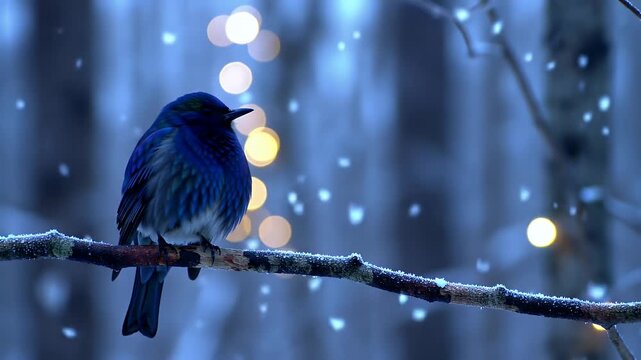Solitary Iridescent Deep Blue Bird Perched on a Branch in Snowy Woods at Twilight Under Soft Bokeh Lighting with Falling Snow Flakes A Serene Winter Evening Scene 198