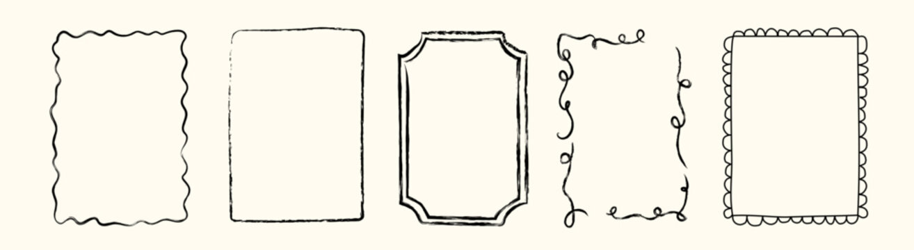 Whimsical chalk style hand drawn wavy frames and decorative borders with quirky brush lines. Concept of playful outline for modern poster, party menu, celebration design. Flat vector illustration.