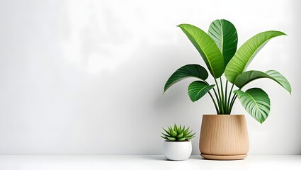 Fototapeta premium Minimalist plants in pots against white wall creating a serene indoor atmosphere