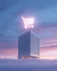 Isolated modern office building with a shopping cart icon, representing retail, commerce, and business.