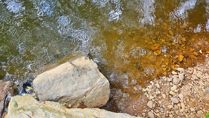 stone and rock reef river and reflection tree on surface of water background.