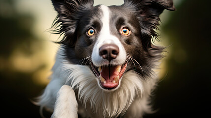 Playful and energetic border collie with bright blue eyes, its joyful personality in natural setting. This dog exudes happiness and enthusiasm