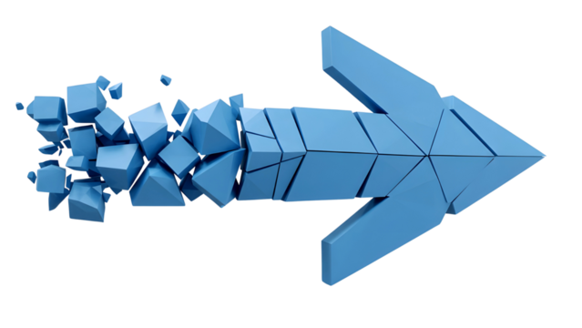 Blue arrow disintegrating into cubes isolated on transparent background