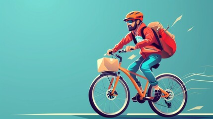 Fototapeta premium Cartoon courier in faceless style riding electric bike with blank food delivery backpack, futuristic flat vector design.