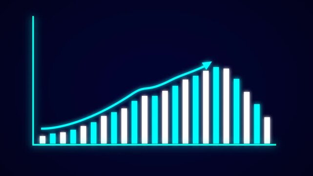 Neon bar graph with upward arrow showing growth and decline on dark background chart