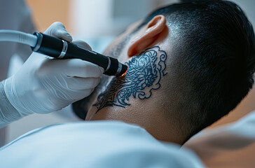 man receiving tattoo removal procedure in clinic, intricate design on his neck. professional uses laser device, highlighting precision of process