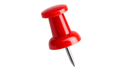 A sharp, red plastic push pin is isolated on a white board background, ready to attach a memo or note