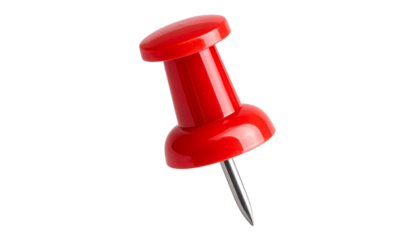 A sharp, red plastic push pin is isolated on a white board background, ready to attach a memo or note