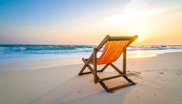 Serene sunset beach scene with empty lounge chair