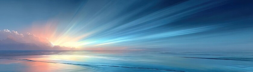 Fototapeta premium Abstract coastal scene with blue sky and sea concept. Stunning sunrise over a calm ocean with vibrant blue hues.