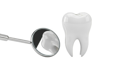 Close-up of a healthy white tooth and dental mirror for dental examination and oral hygiene
