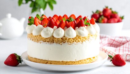 Delicious round cake layered with creamy filling and topped with fresh strawberries and mint