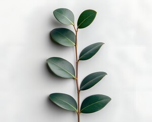 Obraz premium Single Green Leafy Branch with Multiple Oval Leaves on a White Background plant