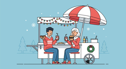 Adobe illustrator artwork vector illustration: Happy couple enjoys festive hot dogs and burgers at a decorated Christmas market food stall, perfect for holiday season, winter celebrations, and street 