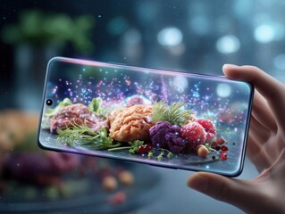 Smartphone Capturing Vibrant Food with Sparkling Effects